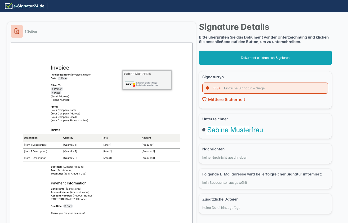 e-Signatur24 Plattform – Signatur-Interface mit Dokumentenansicht